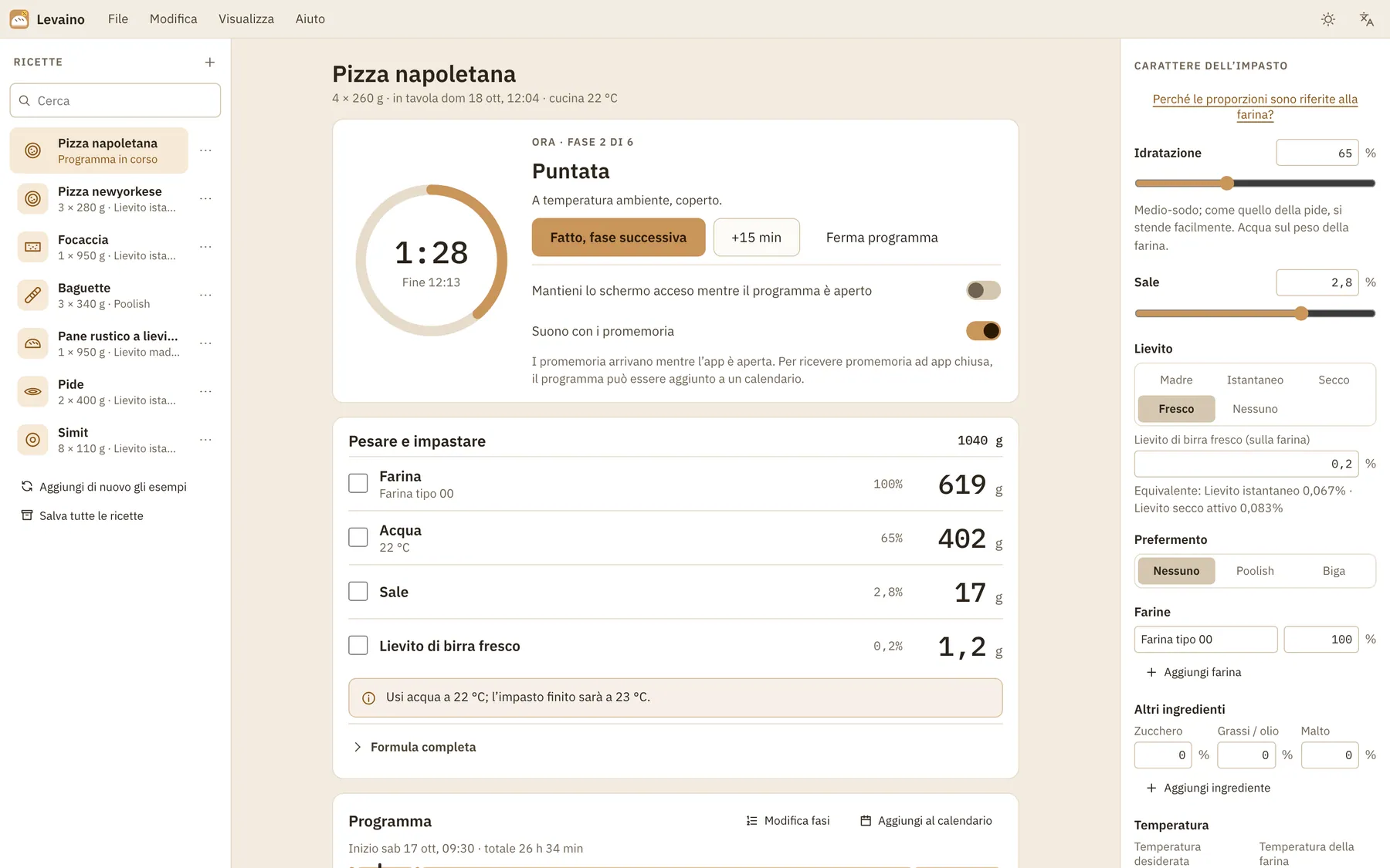 Screenshot di Levaino: area di lavoro con contenuto di esempio