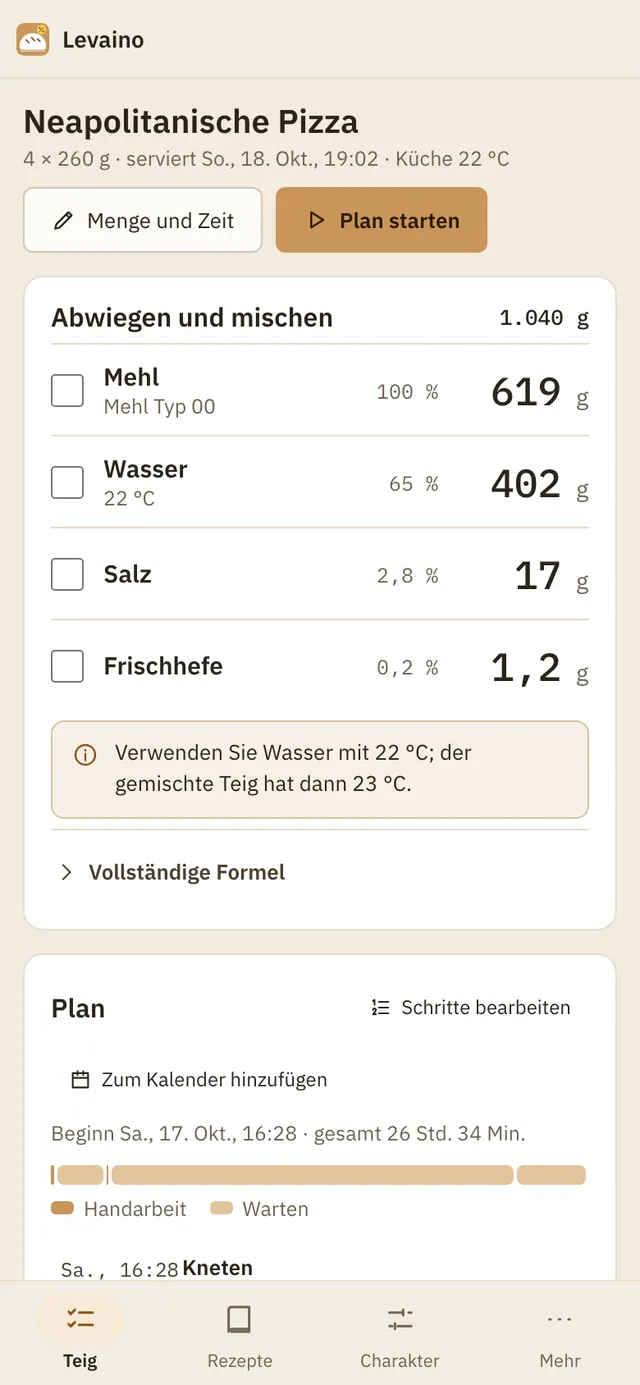 Bildschirmfoto von Levaino: Arbeitsbereich mit Beispielinhalt
