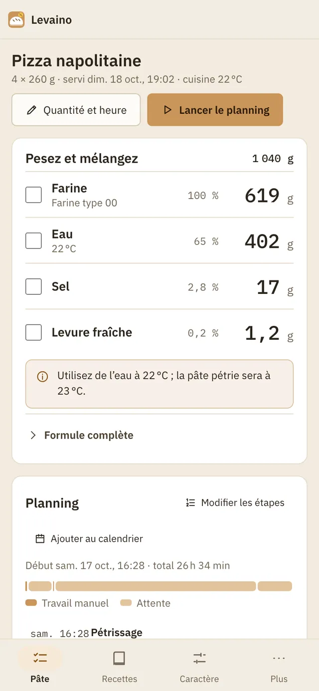 Capture d'écran de Levaino : espace de travail avec un contenu d'exemple