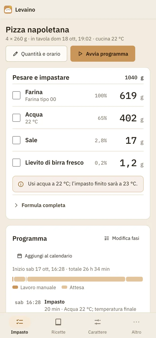 Screenshot di Levaino: area di lavoro con contenuto di esempio