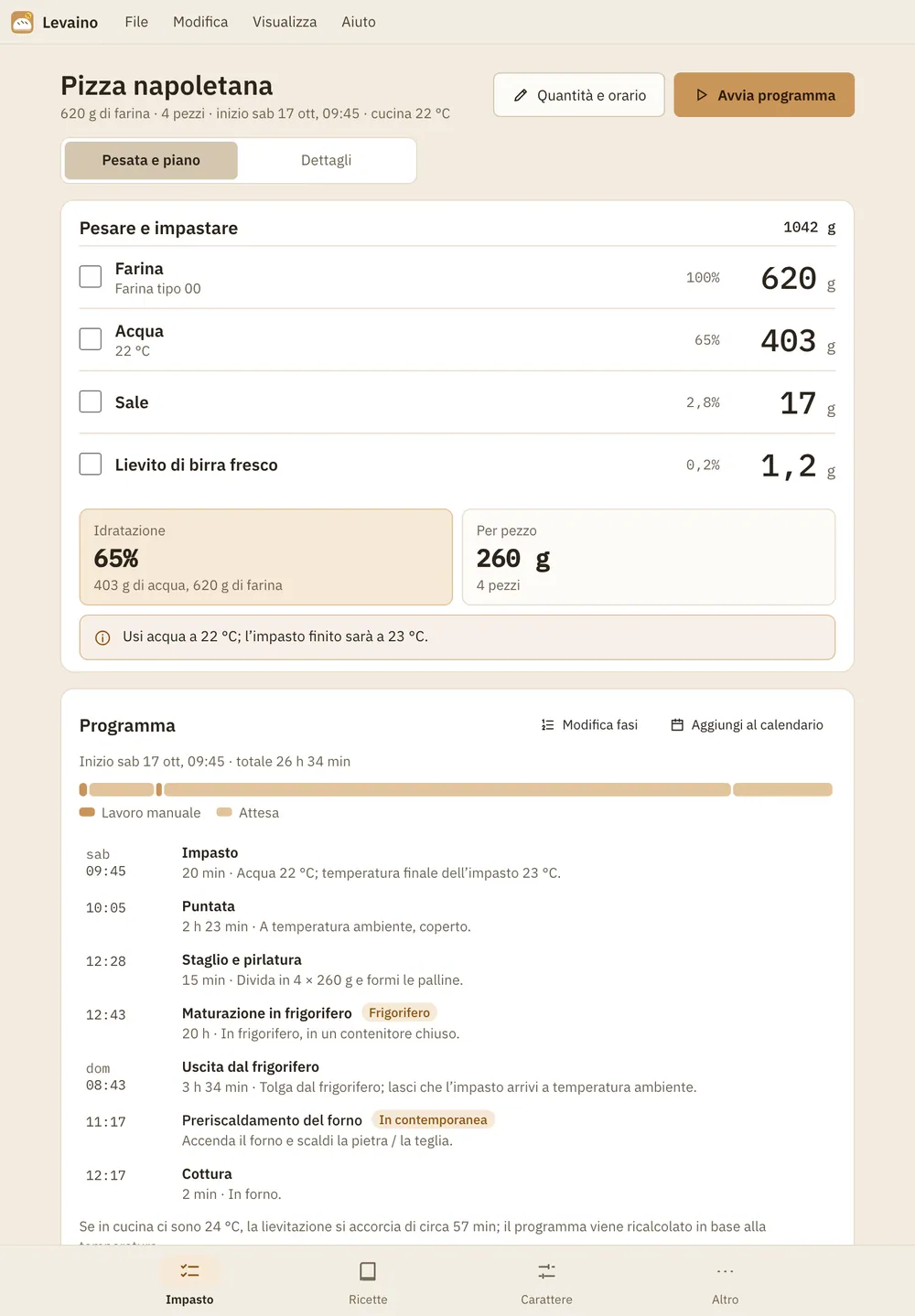 Screenshot di Levaino: area di lavoro con contenuto di esempio