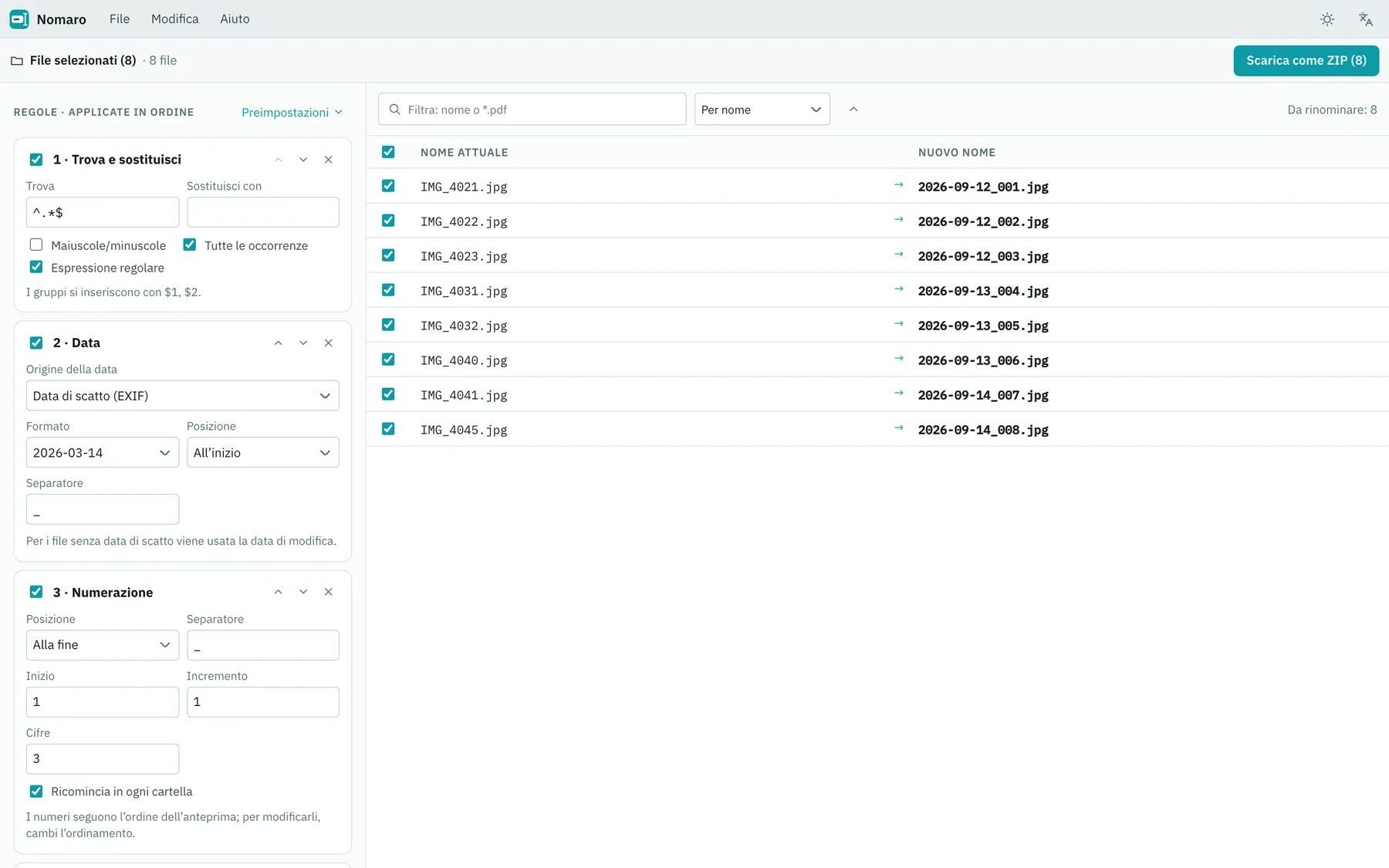 Screenshot di Nomaro: area di lavoro con contenuto di esempio