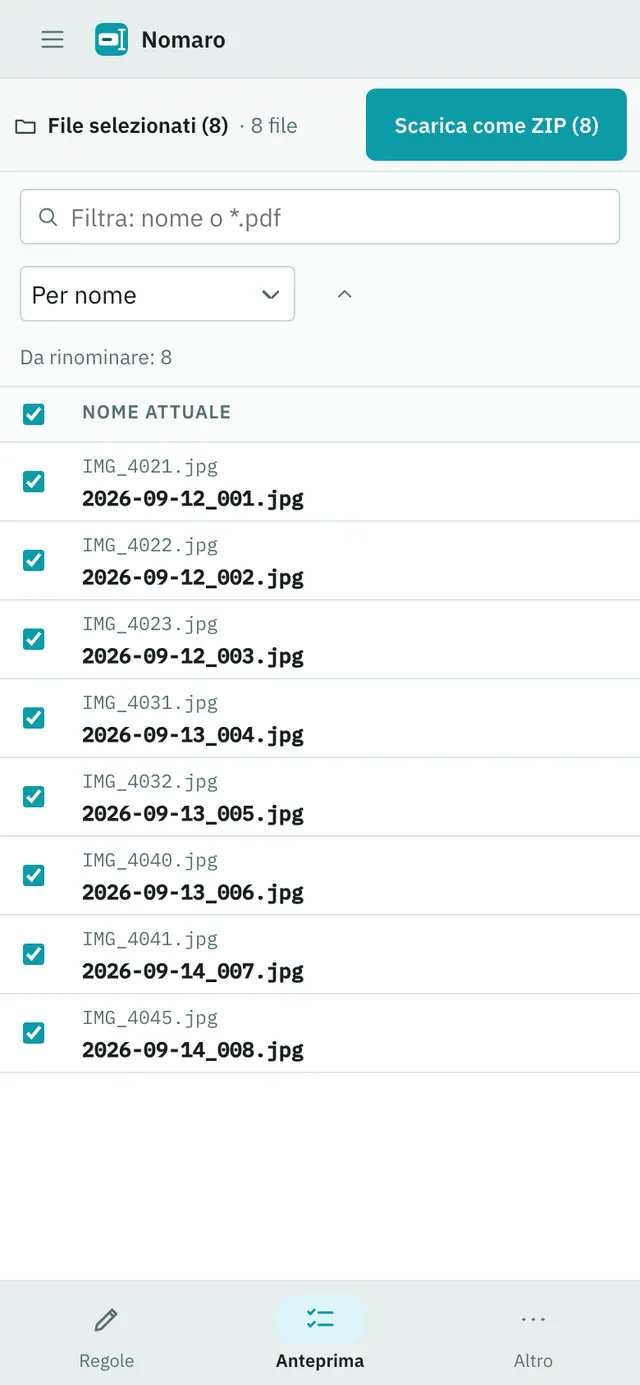 Screenshot di Nomaro: area di lavoro con contenuto di esempio