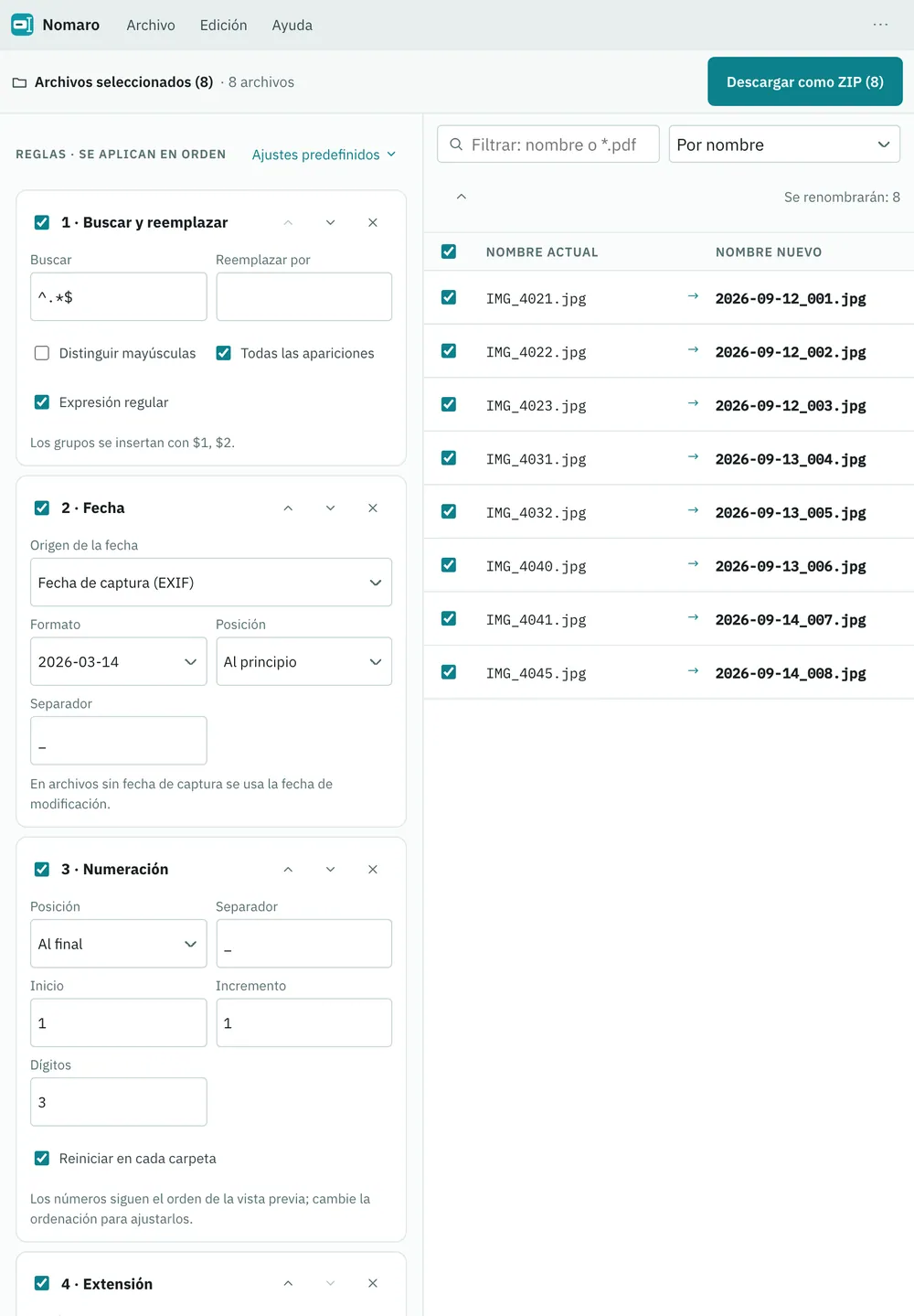 Captura de pantalla de Nomaro: área de trabajo con contenido de ejemplo
