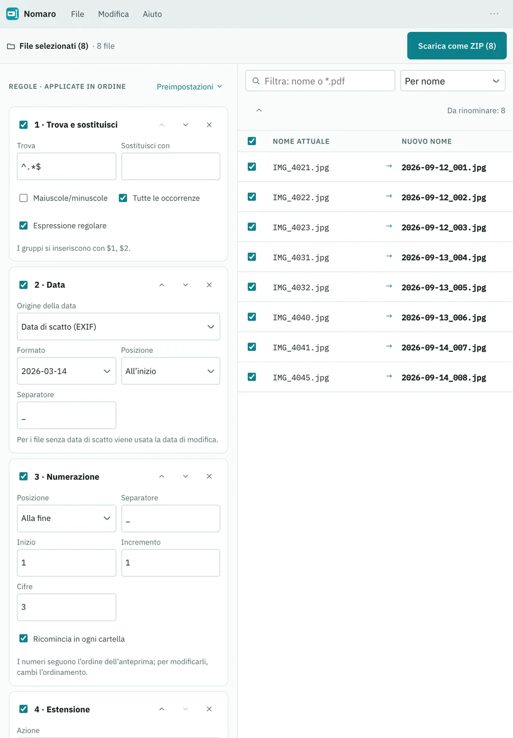 Screenshot di Nomaro: area di lavoro con contenuto di esempio