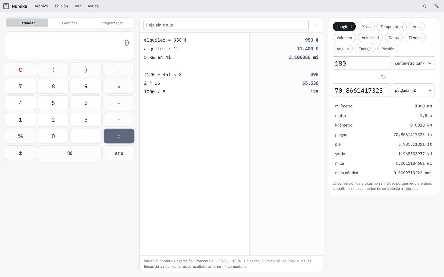 Captura de pantalla de Numixa: área de trabajo con contenido de ejemplo