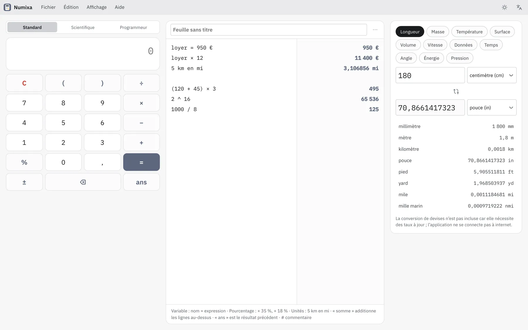 Capture d'écran de Numixa : espace de travail avec un contenu d'exemple