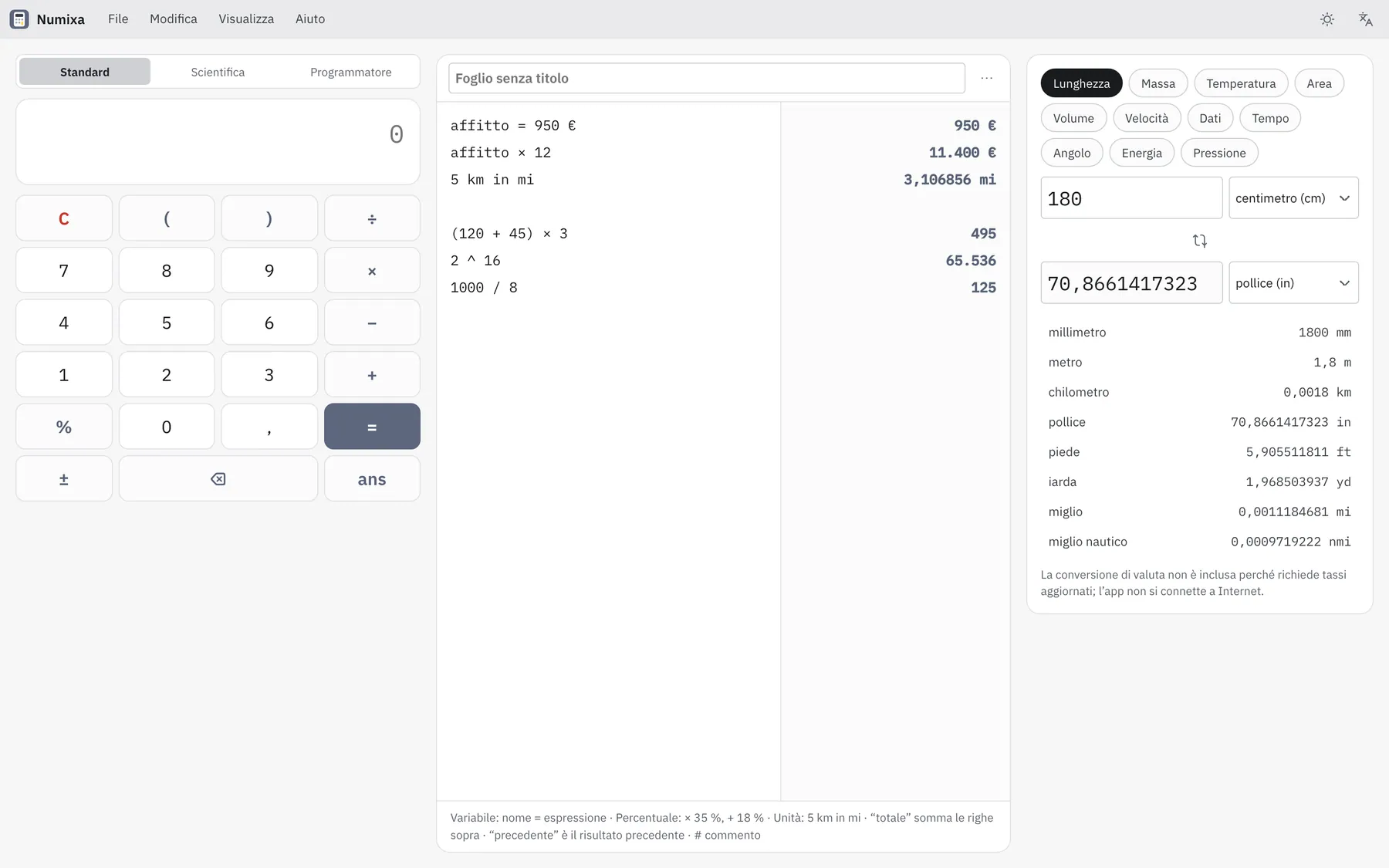 Screenshot di Numixa: area di lavoro con contenuto di esempio