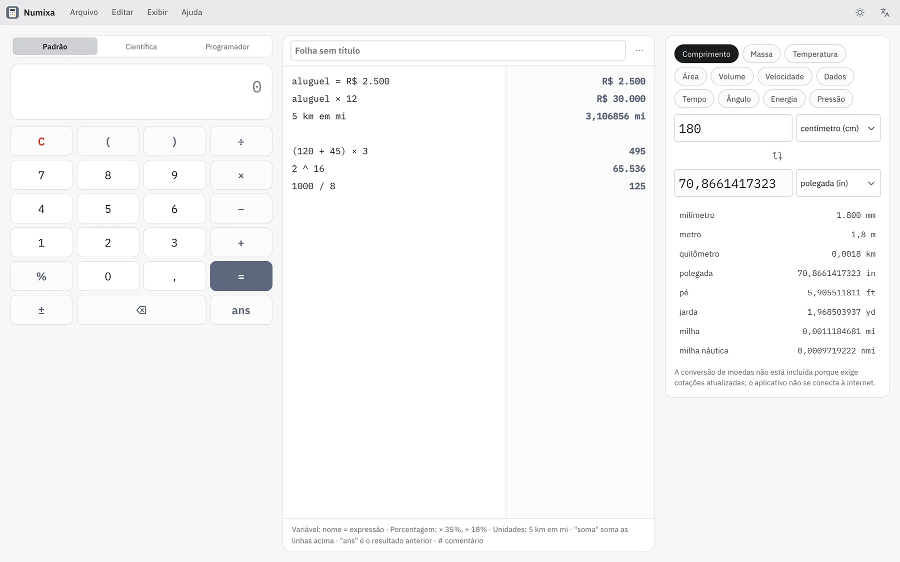 Captura de tela do Numixa: área de trabalho com conteúdo de exemplo