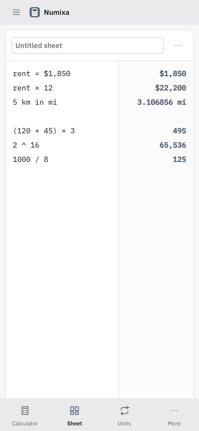 Numixa screenshot: workspace with sample content