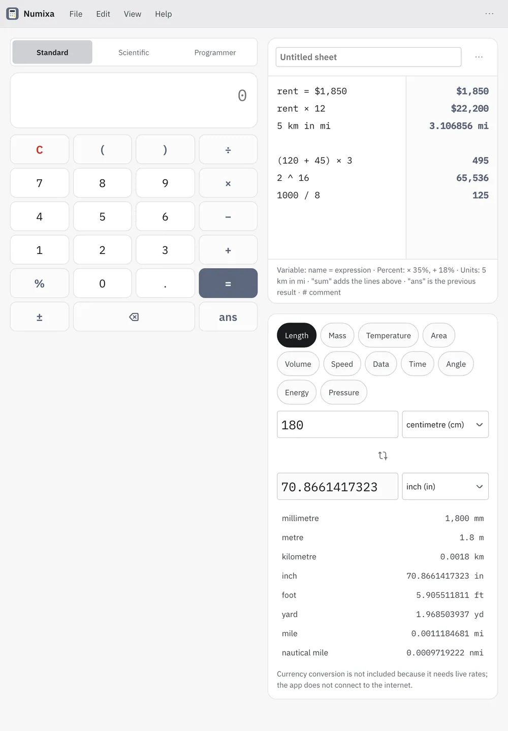 Numixa screenshot: workspace with sample content