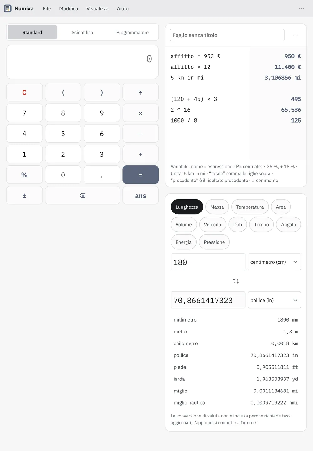 Screenshot di Numixa: area di lavoro con contenuto di esempio