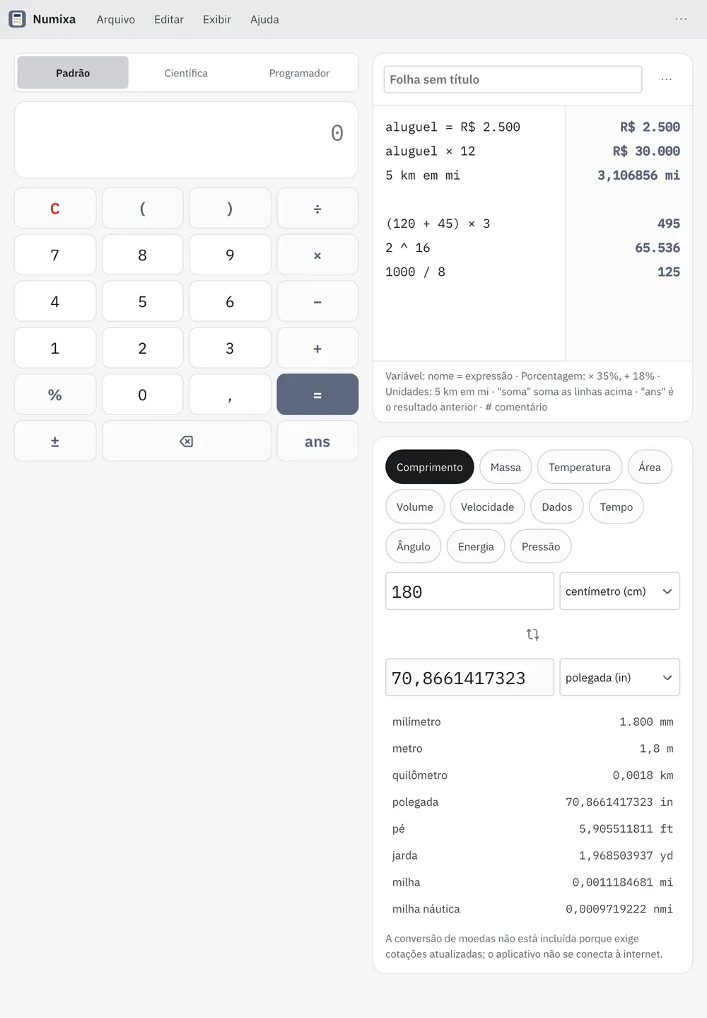 Captura de tela do Numixa: área de trabalho com conteúdo de exemplo