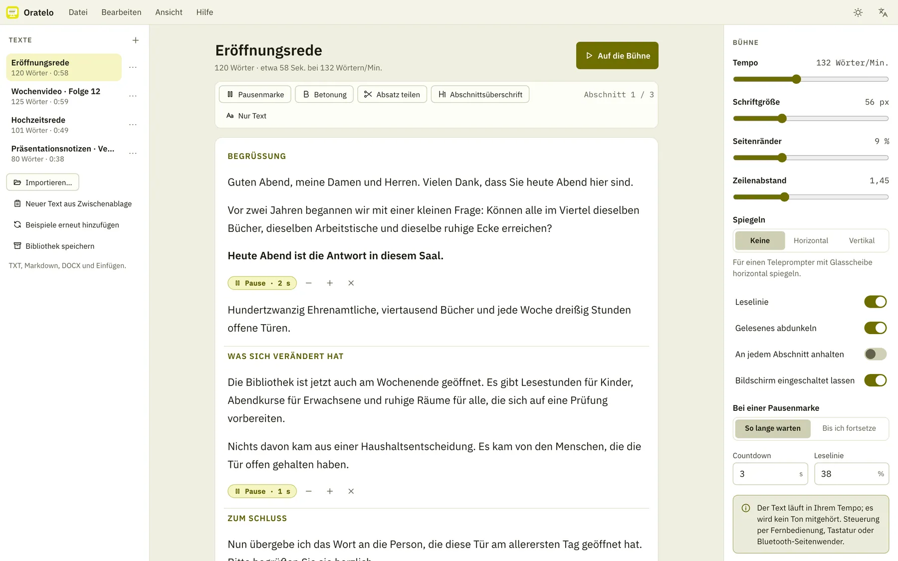 Bildschirmfoto von Oratelo: Arbeitsbereich mit Beispielinhalt