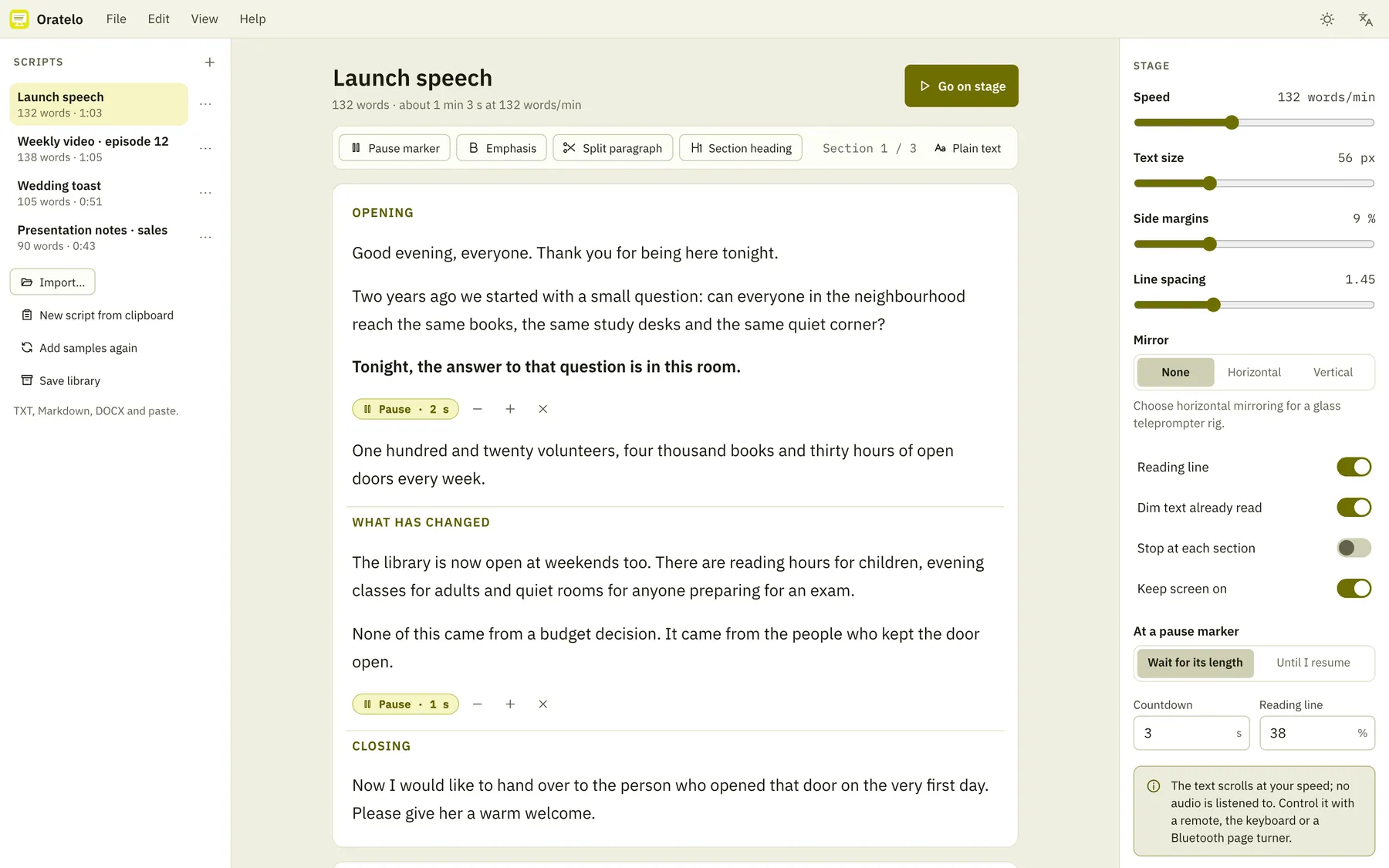Oratelo screenshot: workspace with sample content
