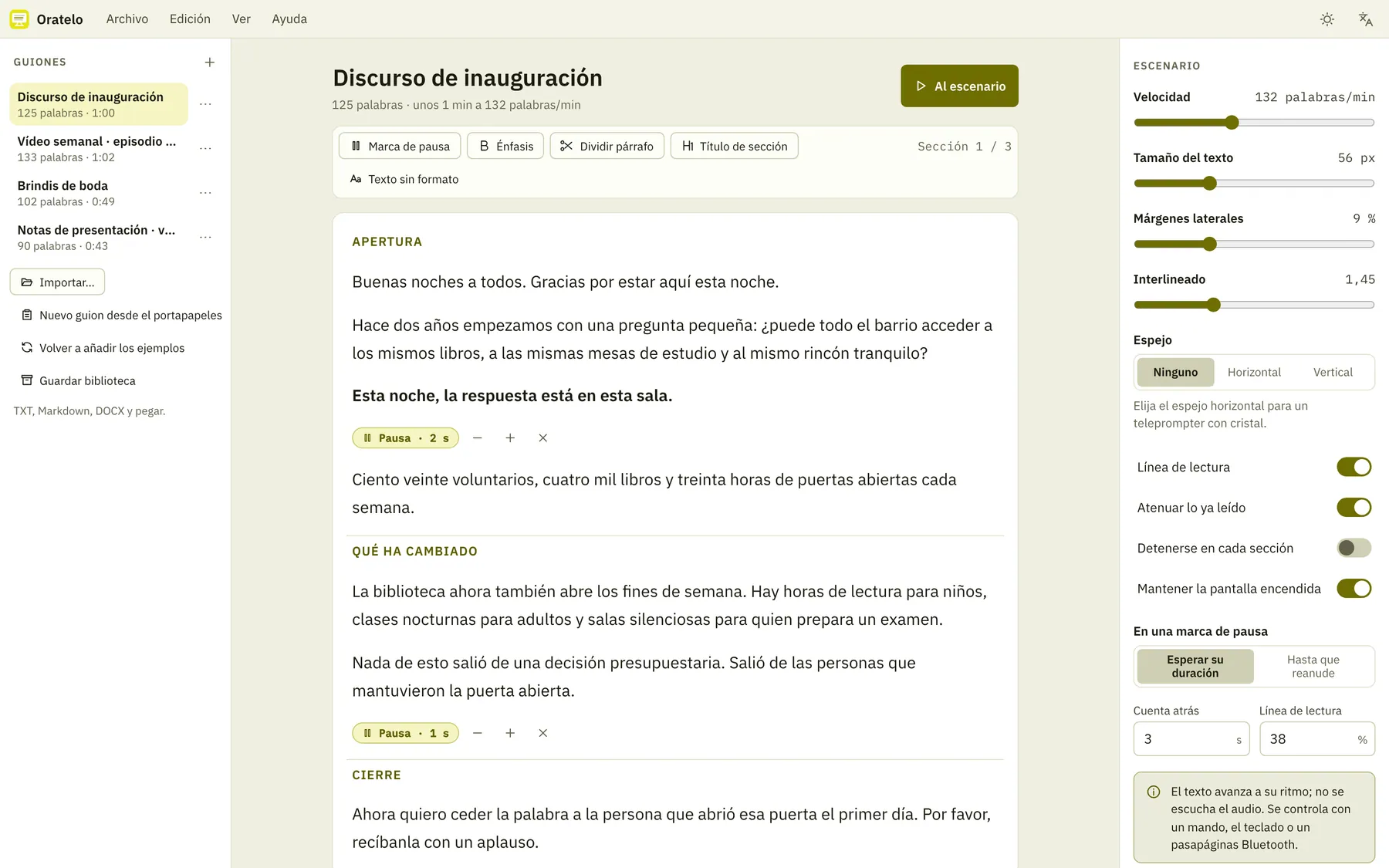 Captura de pantalla de Oratelo: área de trabajo con contenido de ejemplo