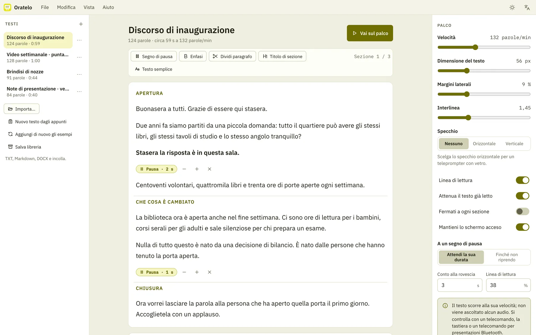 Screenshot di Oratelo: area di lavoro con contenuto di esempio