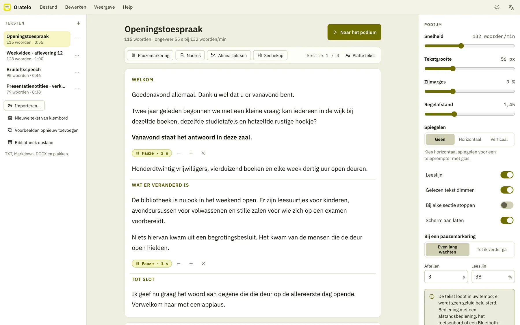 Schermafbeelding van Oratelo: werkruimte met voorbeeldinhoud