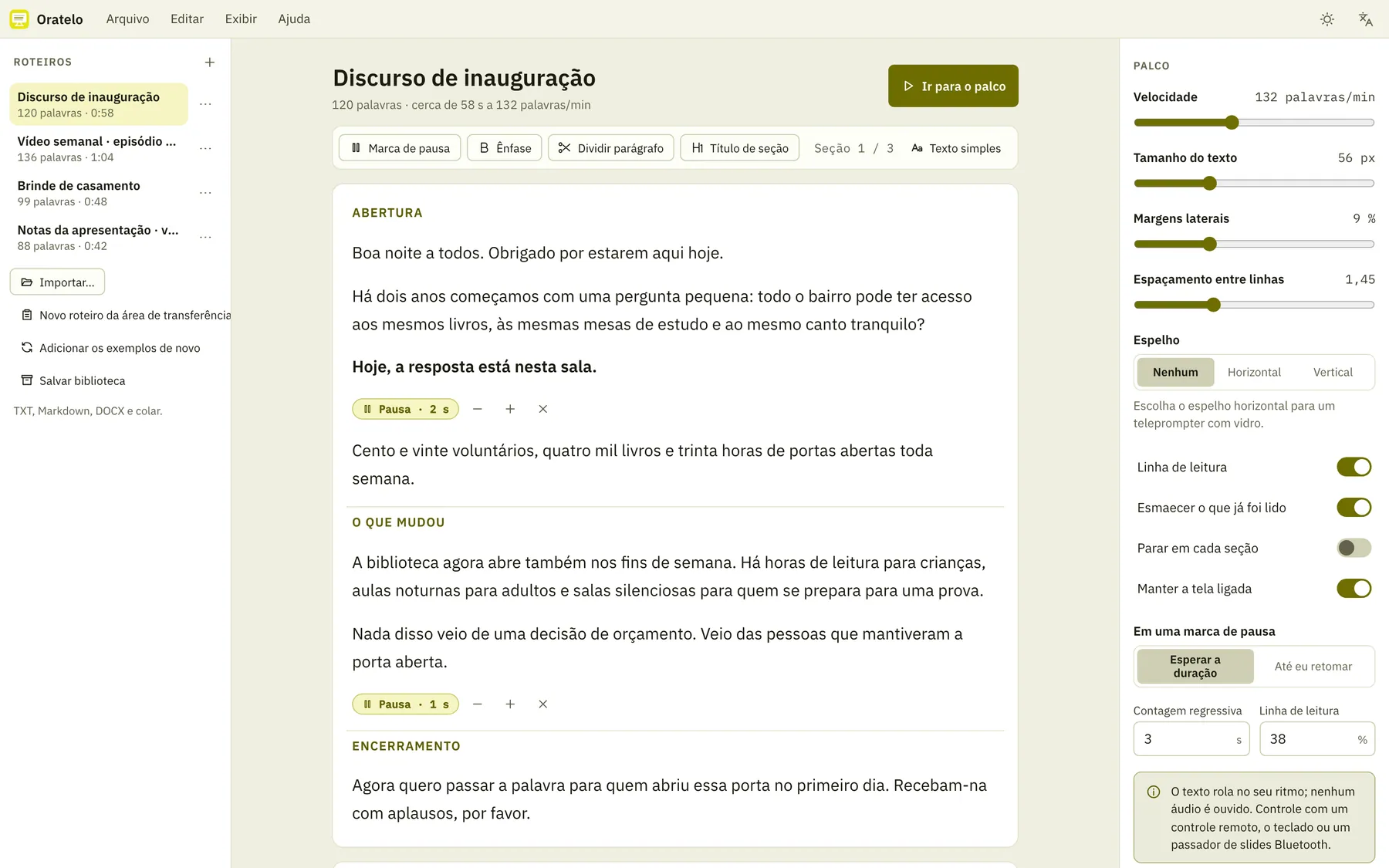 Captura de tela do Oratelo: área de trabalho com conteúdo de exemplo