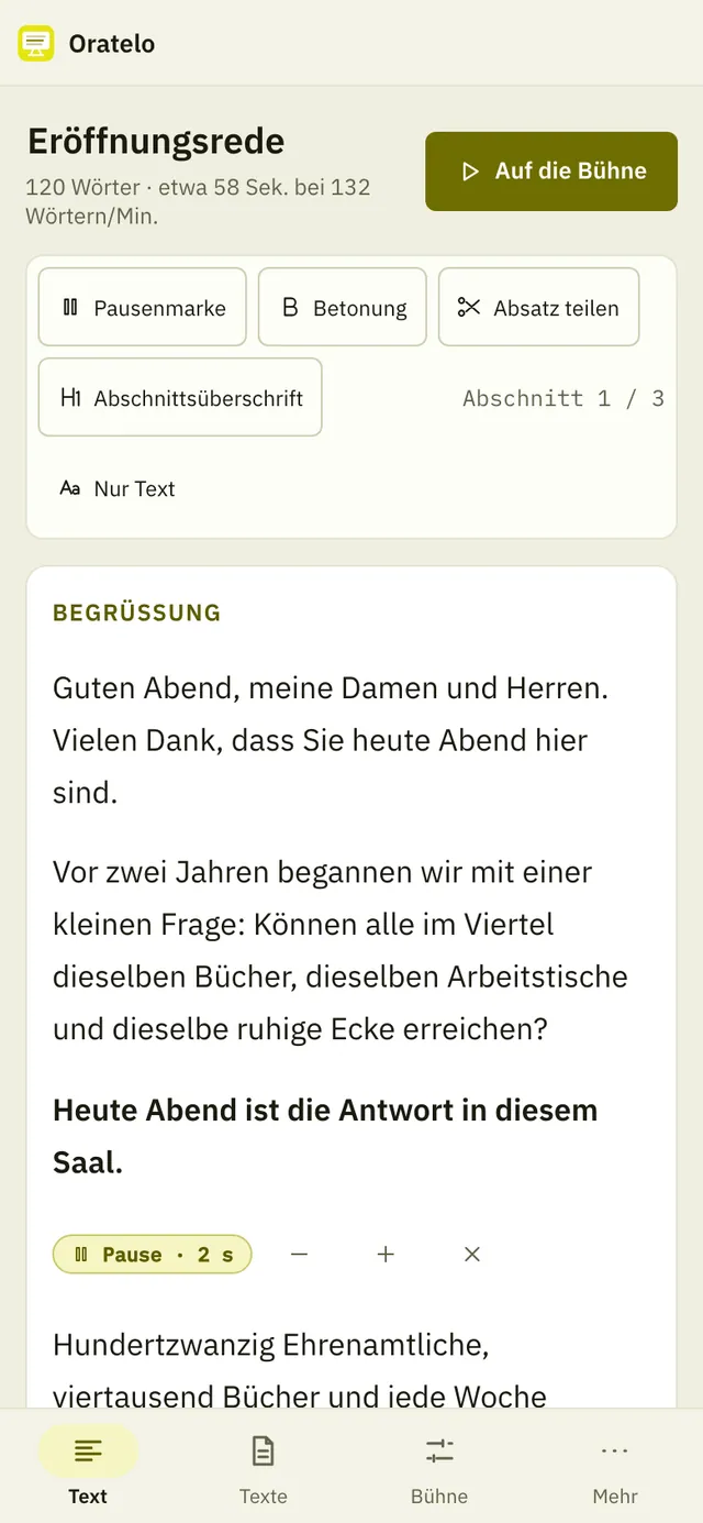 Bildschirmfoto von Oratelo: Arbeitsbereich mit Beispielinhalt