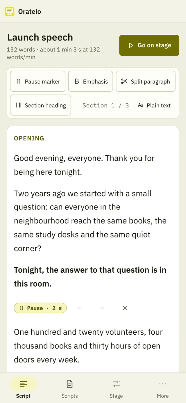 Oratelo screenshot: workspace with sample content