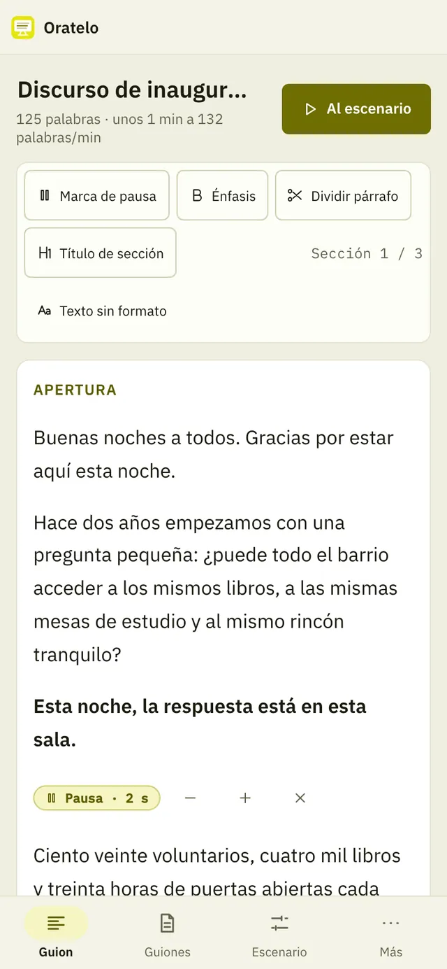 Captura de pantalla de Oratelo: área de trabajo con contenido de ejemplo