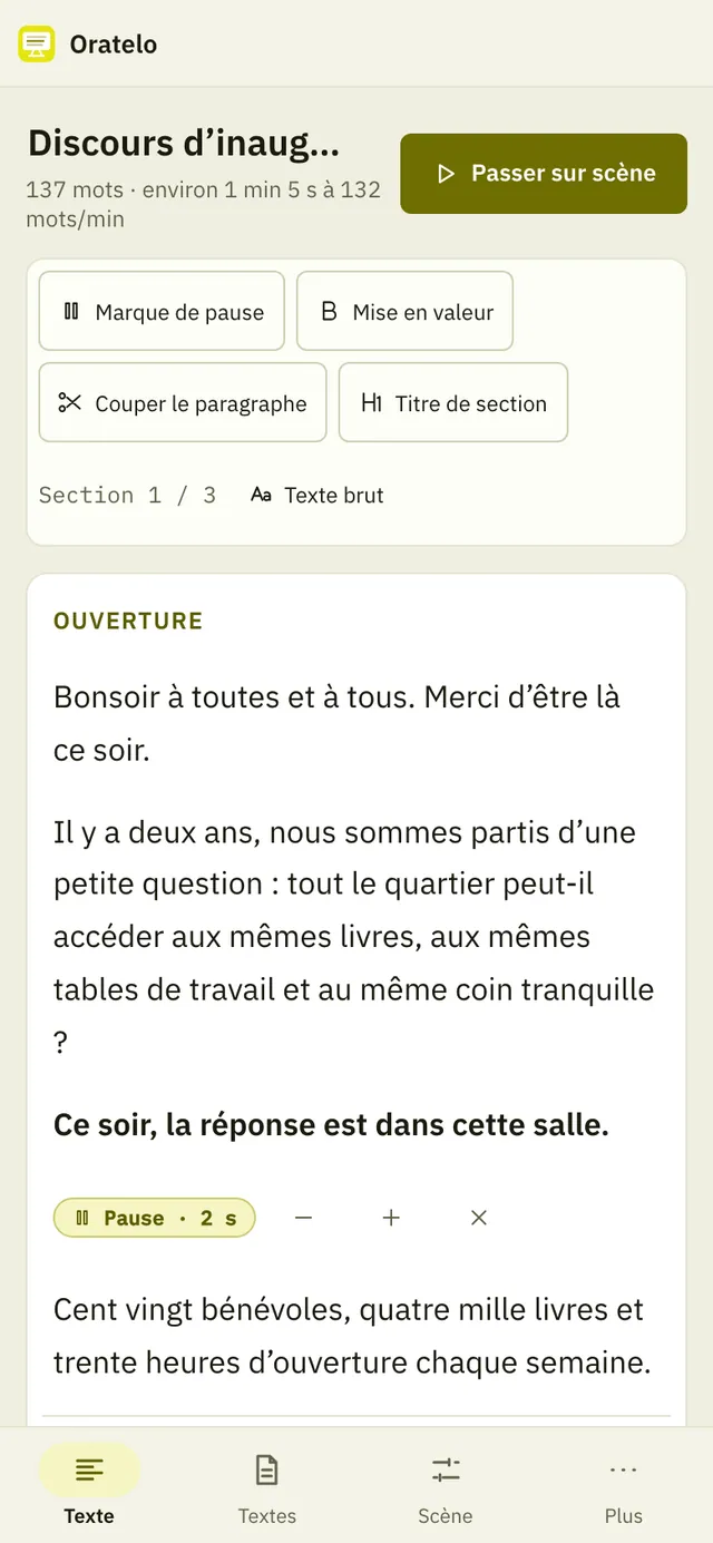 Capture d'écran de Oratelo : espace de travail avec un contenu d'exemple