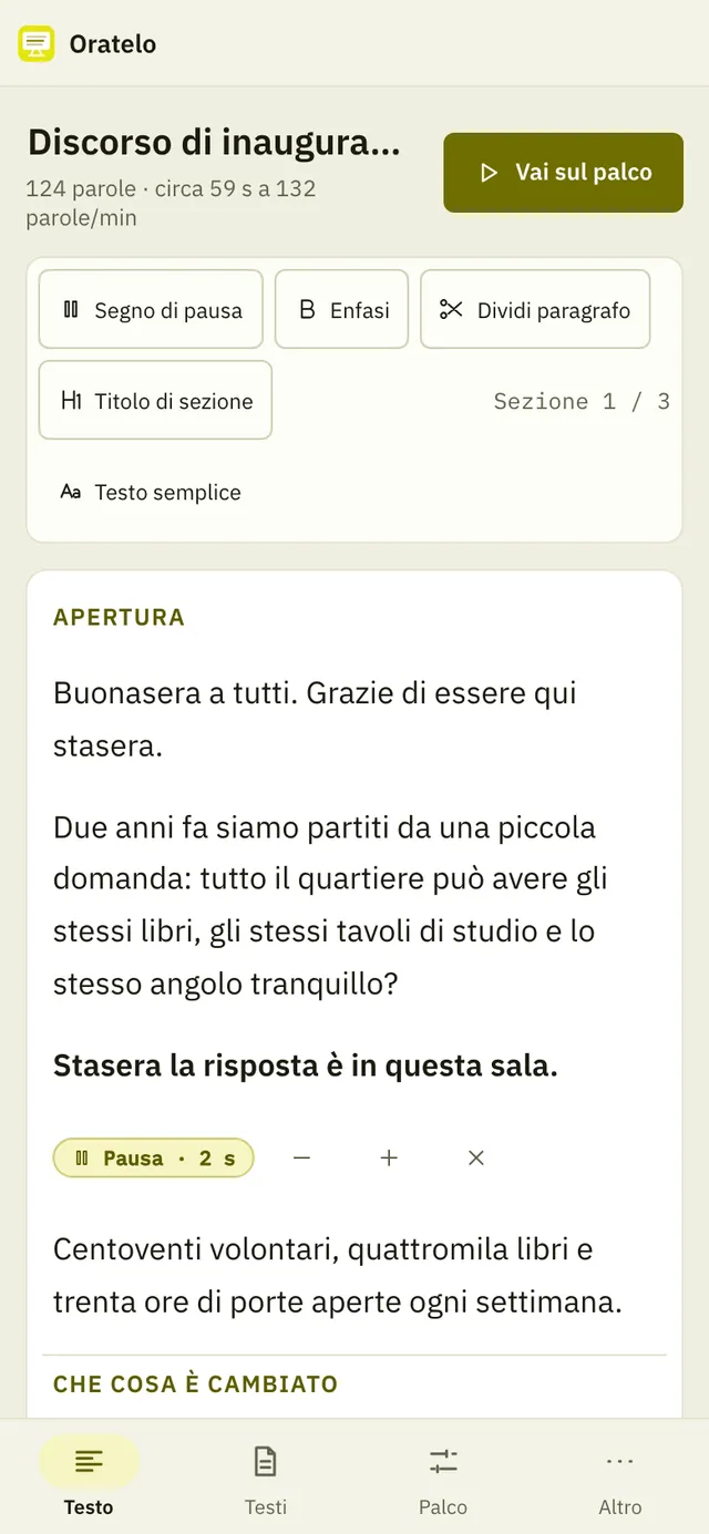 Screenshot di Oratelo: area di lavoro con contenuto di esempio
