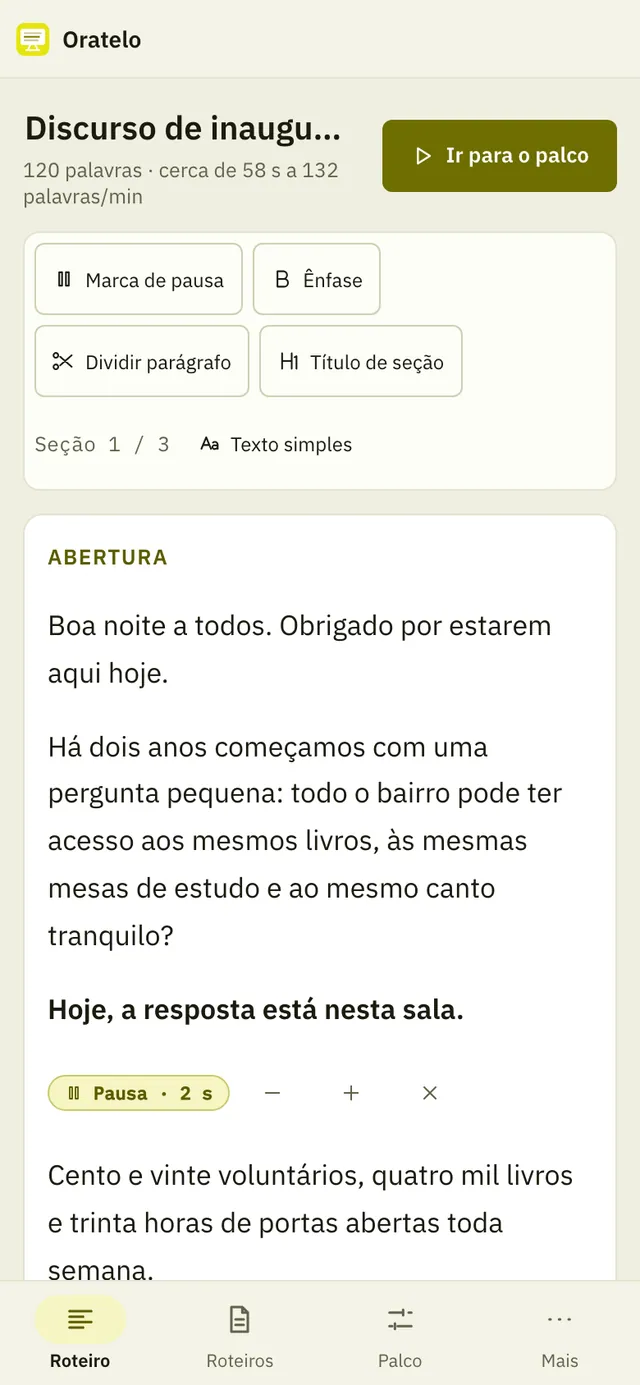 Captura de tela do Oratelo: área de trabalho com conteúdo de exemplo