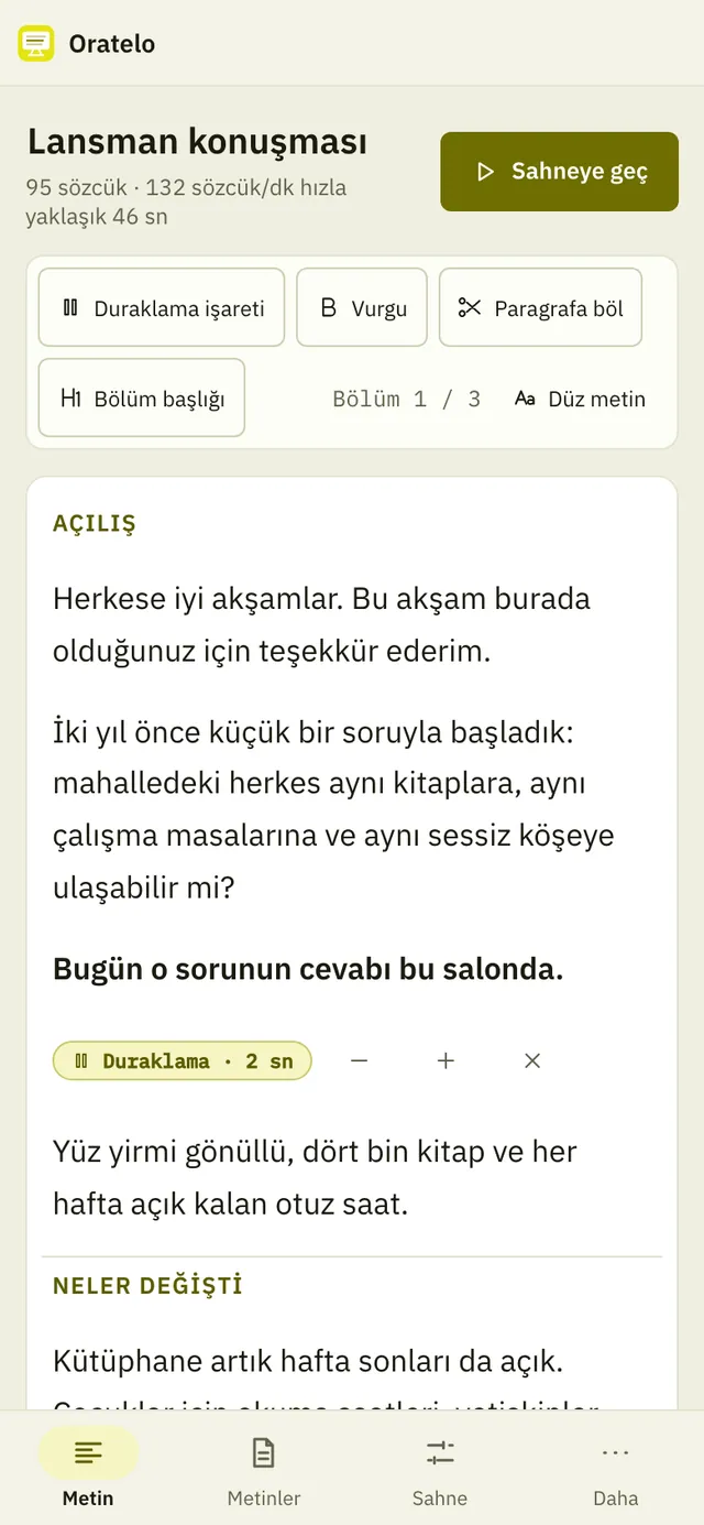 Oratelo ekran görüntüsü: örnek içerikle çalışma alanı