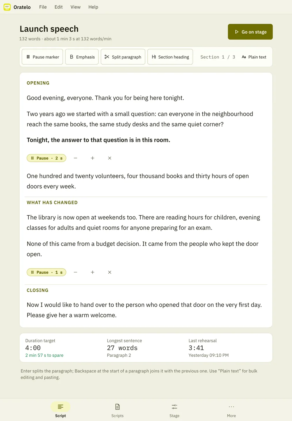 Oratelo screenshot: workspace with sample content
