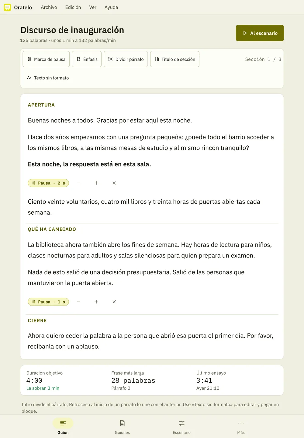 Captura de pantalla de Oratelo: área de trabajo con contenido de ejemplo