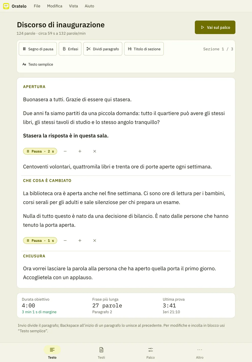 Screenshot di Oratelo: area di lavoro con contenuto di esempio