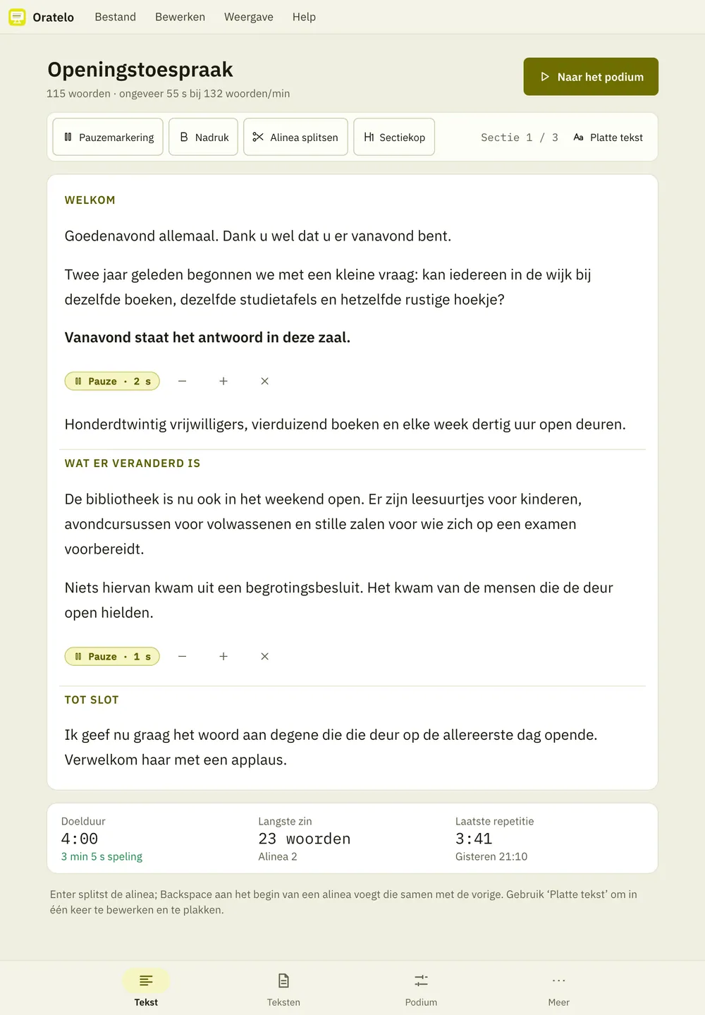 Schermafbeelding van Oratelo: werkruimte met voorbeeldinhoud