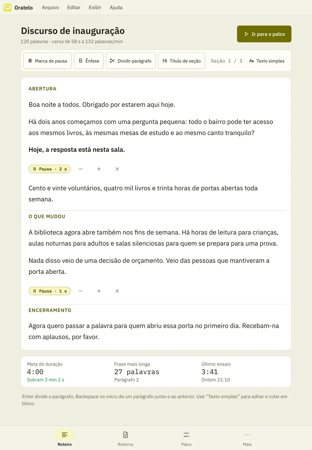 Captura de tela do Oratelo: área de trabalho com conteúdo de exemplo