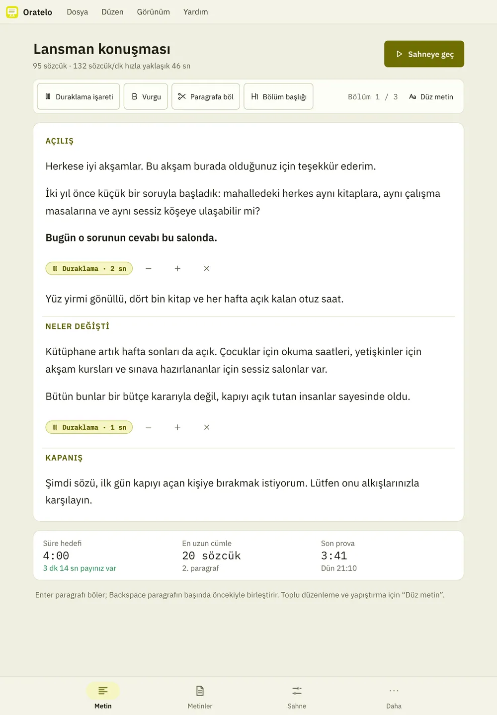 Oratelo ekran görüntüsü: örnek içerikle çalışma alanı
