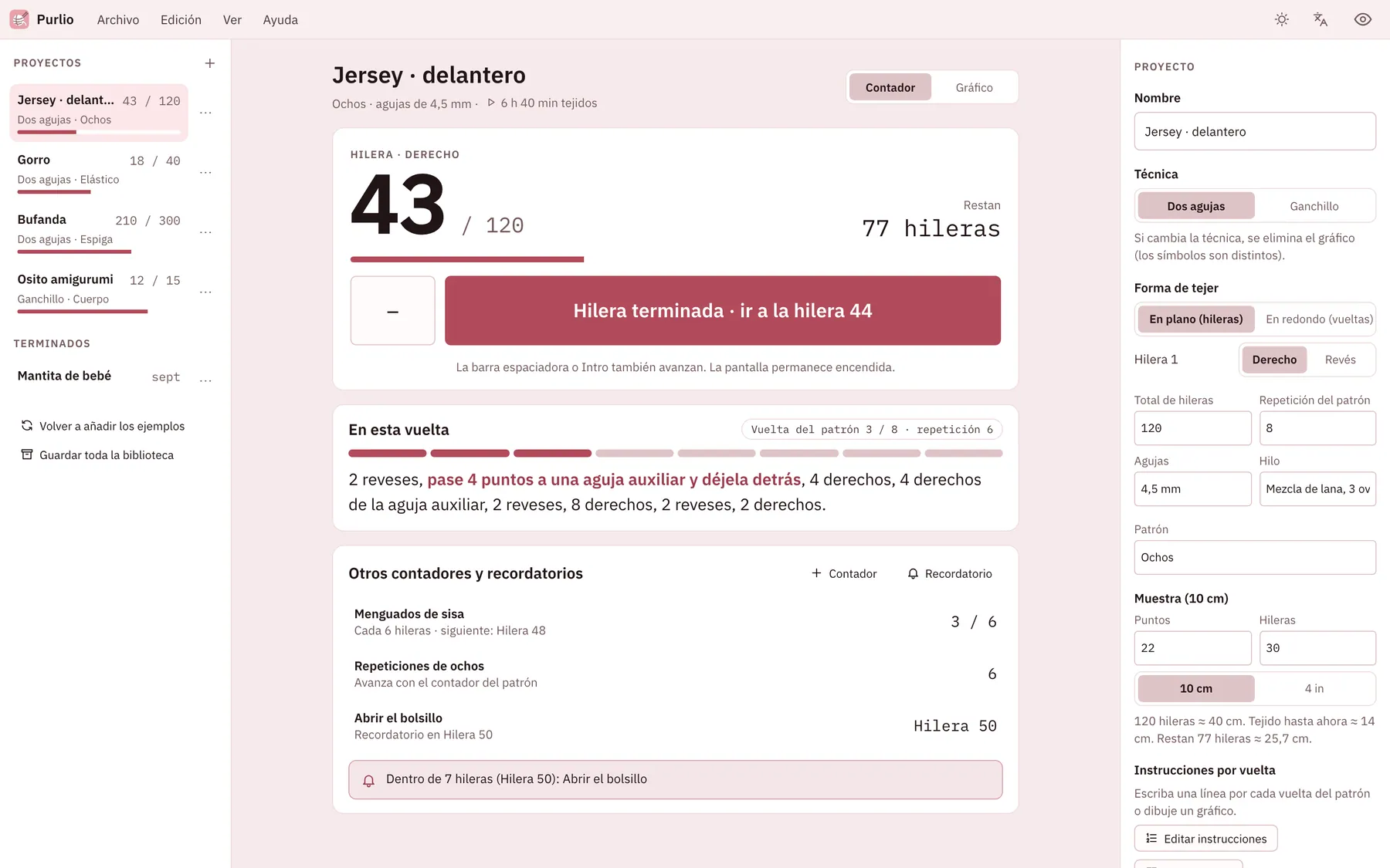 Captura de pantalla de Purlio: área de trabajo con contenido de ejemplo