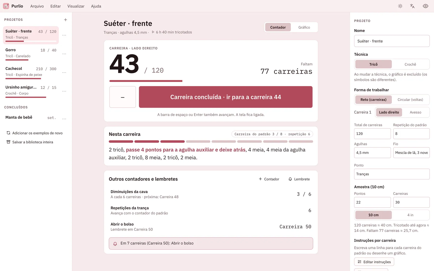 Captura de tela do Purlio: área de trabalho com conteúdo de exemplo