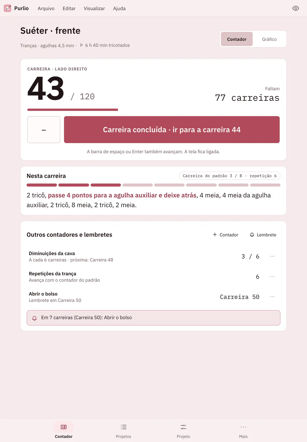 Captura de tela do Purlio: área de trabalho com conteúdo de exemplo