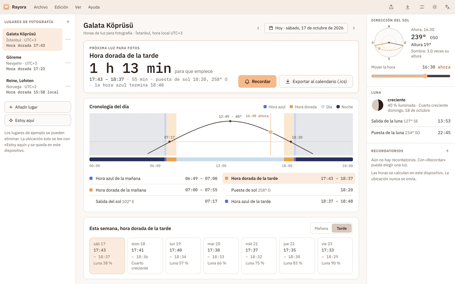 Captura de pantalla de Rayora: área de trabajo con contenido de ejemplo