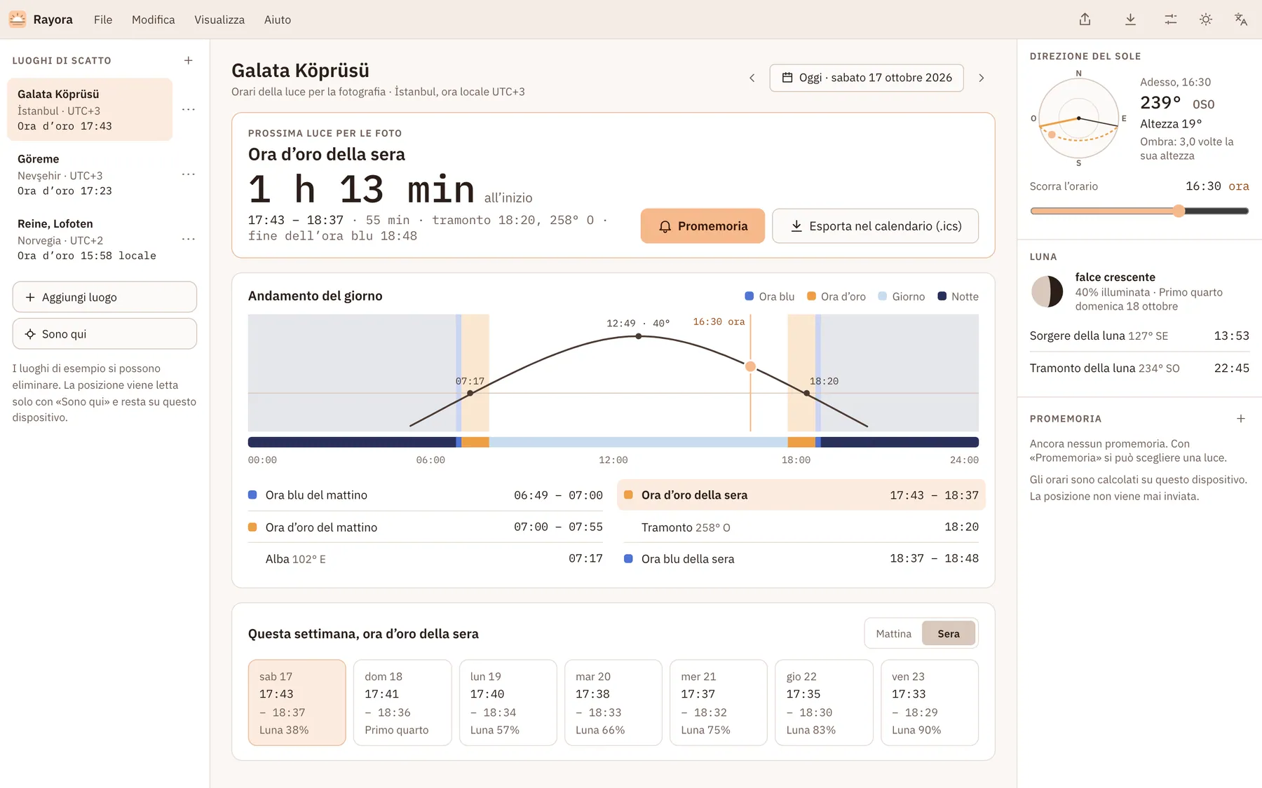 Screenshot di Rayora: area di lavoro con contenuto di esempio