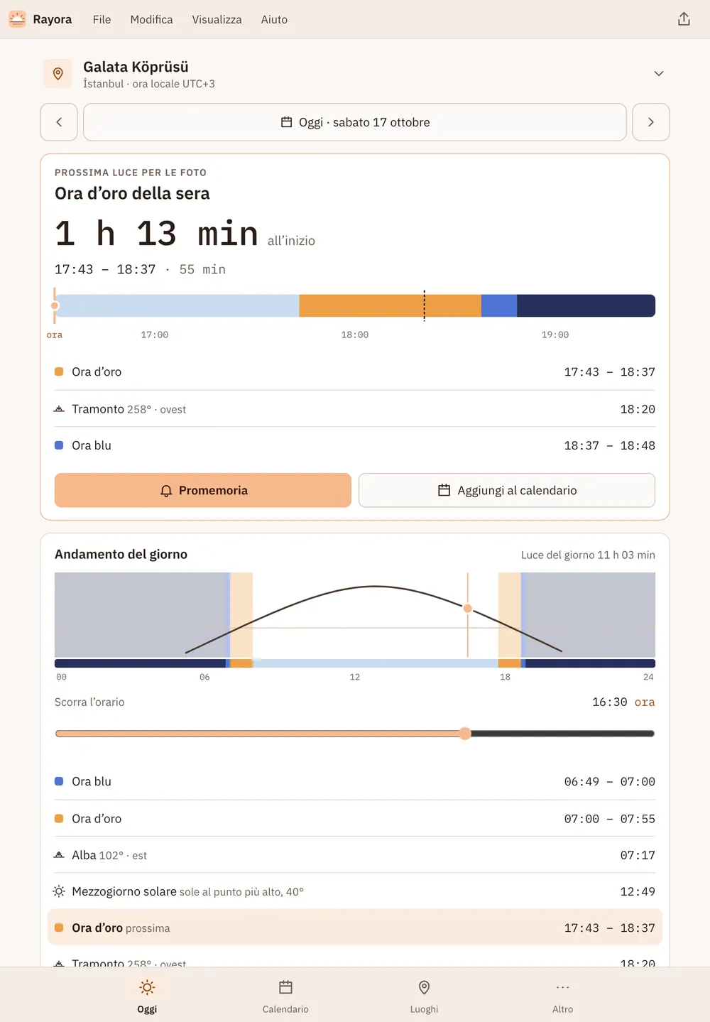 Screenshot di Rayora: area di lavoro con contenuto di esempio