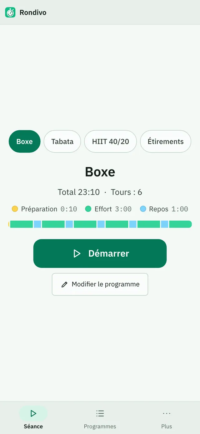 Capture d'écran de Rondivo : espace de travail avec un contenu d'exemple