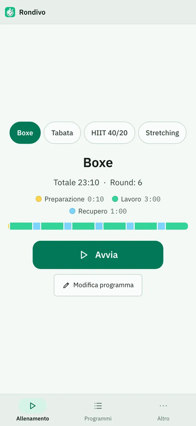 Screenshot di Rondivo: area di lavoro con contenuto di esempio