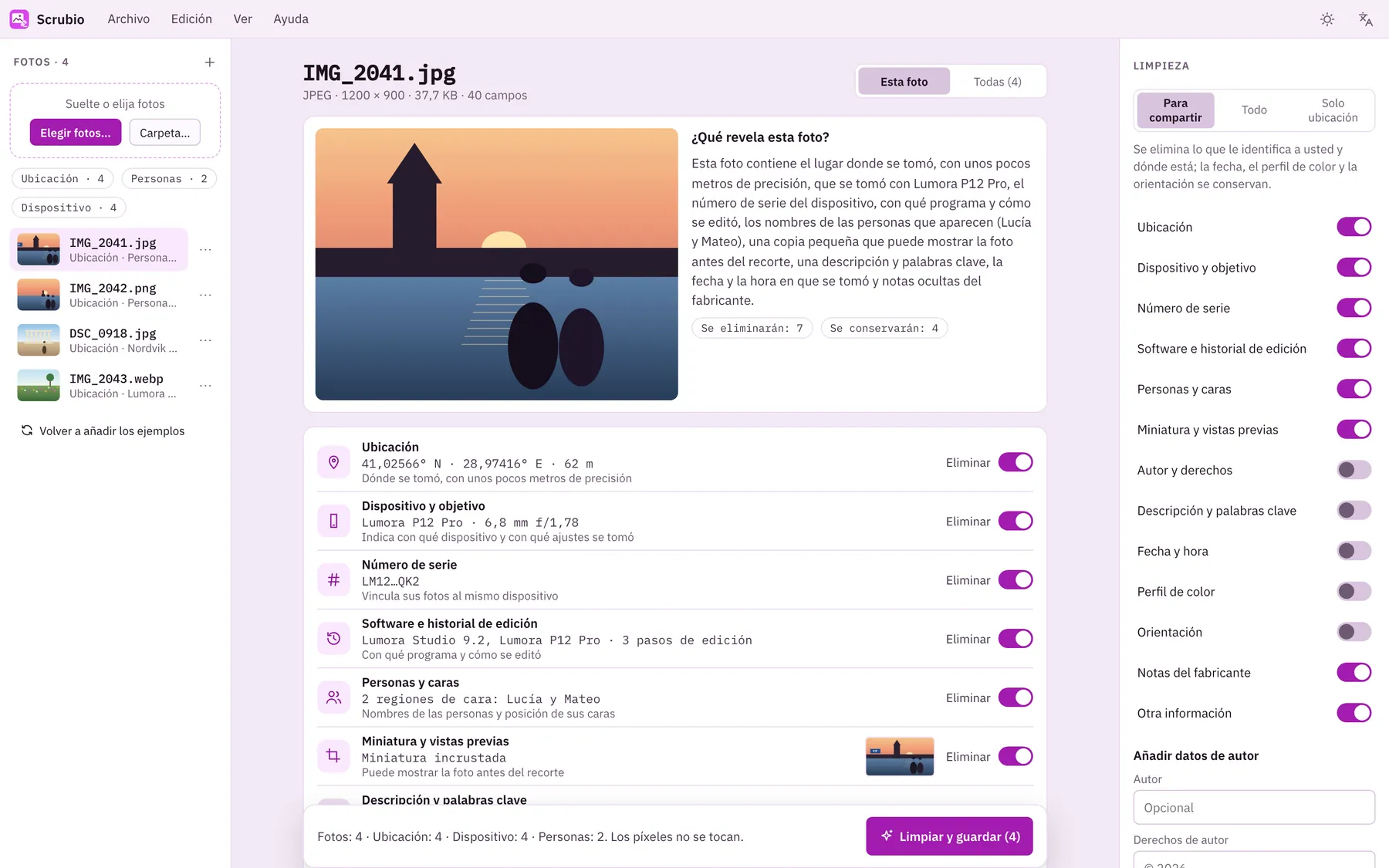 Captura de pantalla de Scrubio: área de trabajo con contenido de ejemplo
