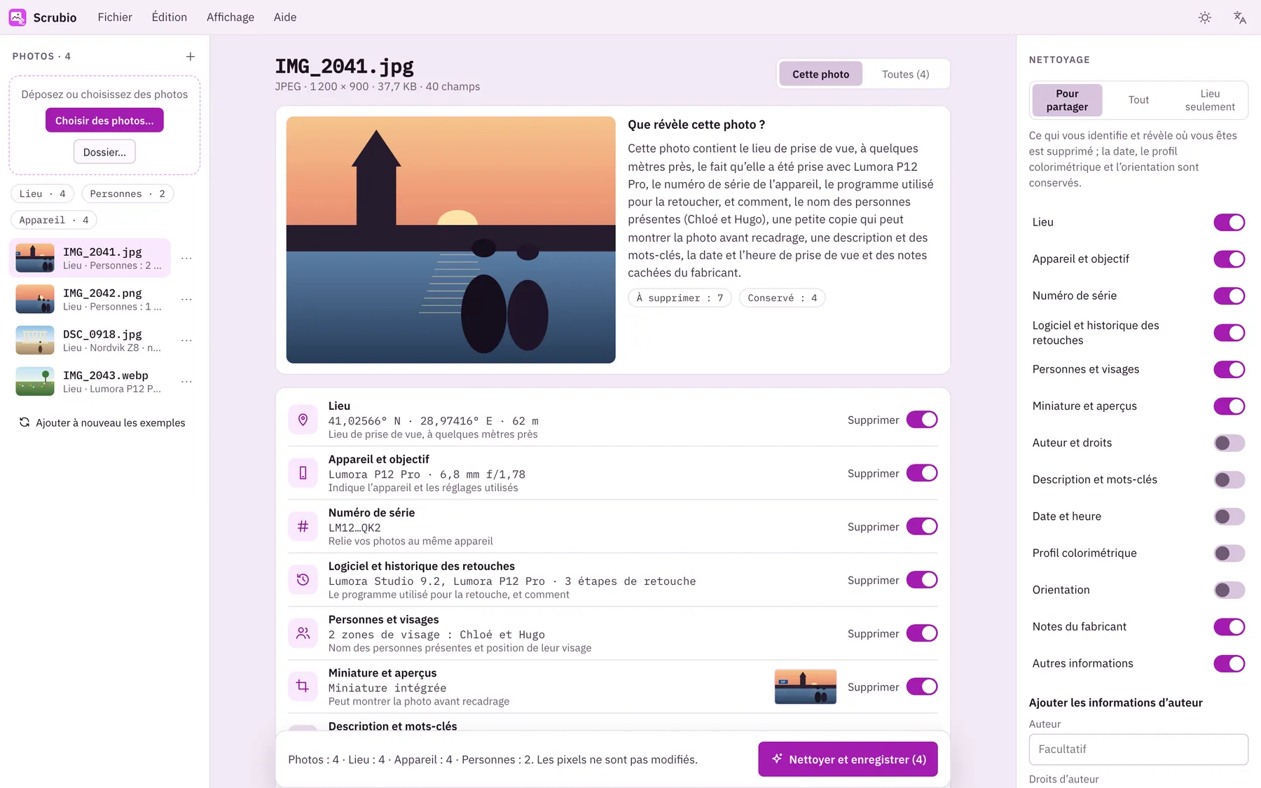 Capture d'écran de Scrubio : espace de travail avec un contenu d'exemple