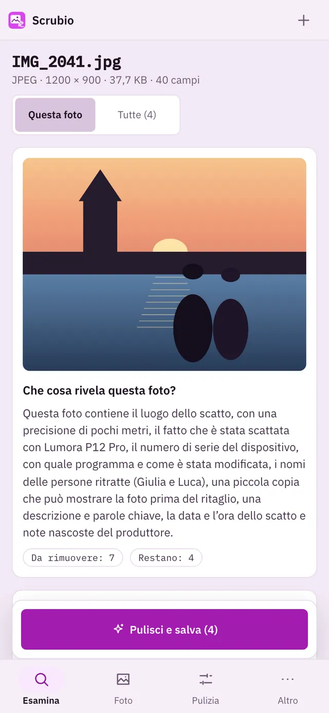 Screenshot di Scrubio: area di lavoro con contenuto di esempio
