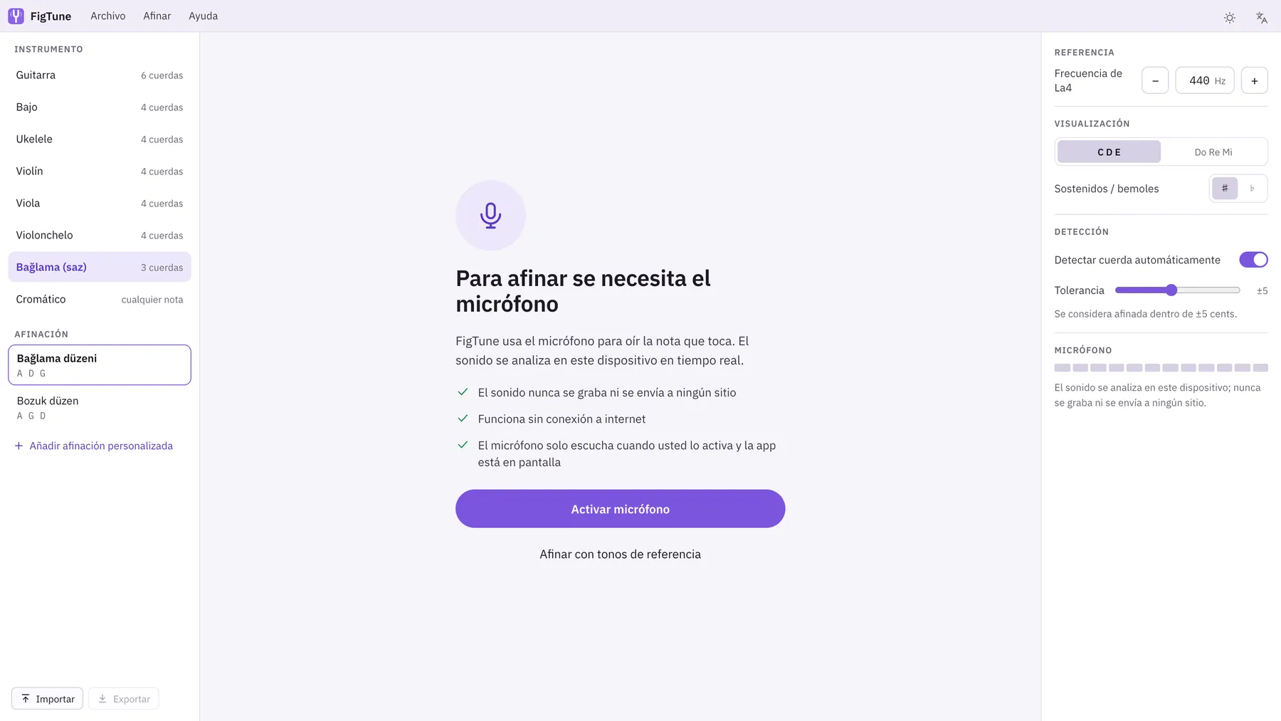 Captura de pantalla de Sintona: área de trabajo con contenido de ejemplo