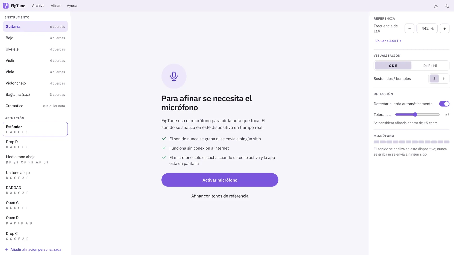 Captura de pantalla de Sintona: área de trabajo con contenido de ejemplo