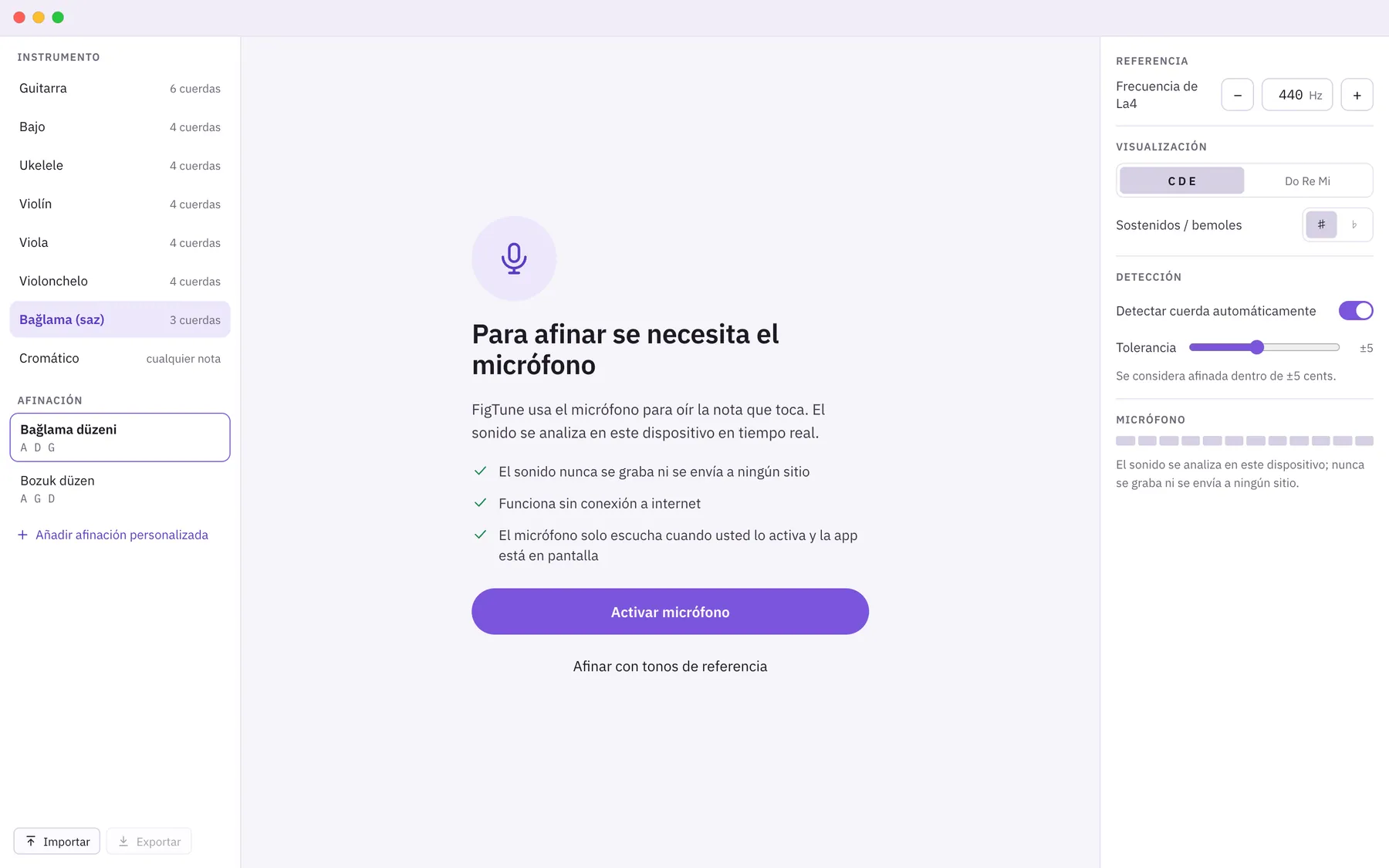 Captura de pantalla de Sintona: área de trabajo con contenido de ejemplo